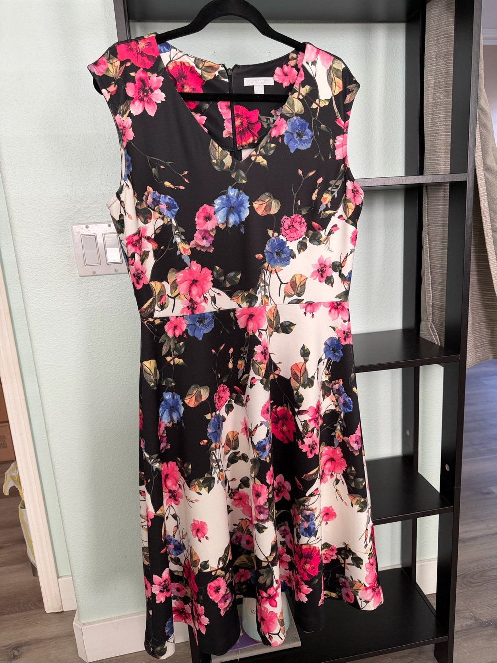 New York & Company Black, Pink & Blue Floral Fit-and-Flare Dress